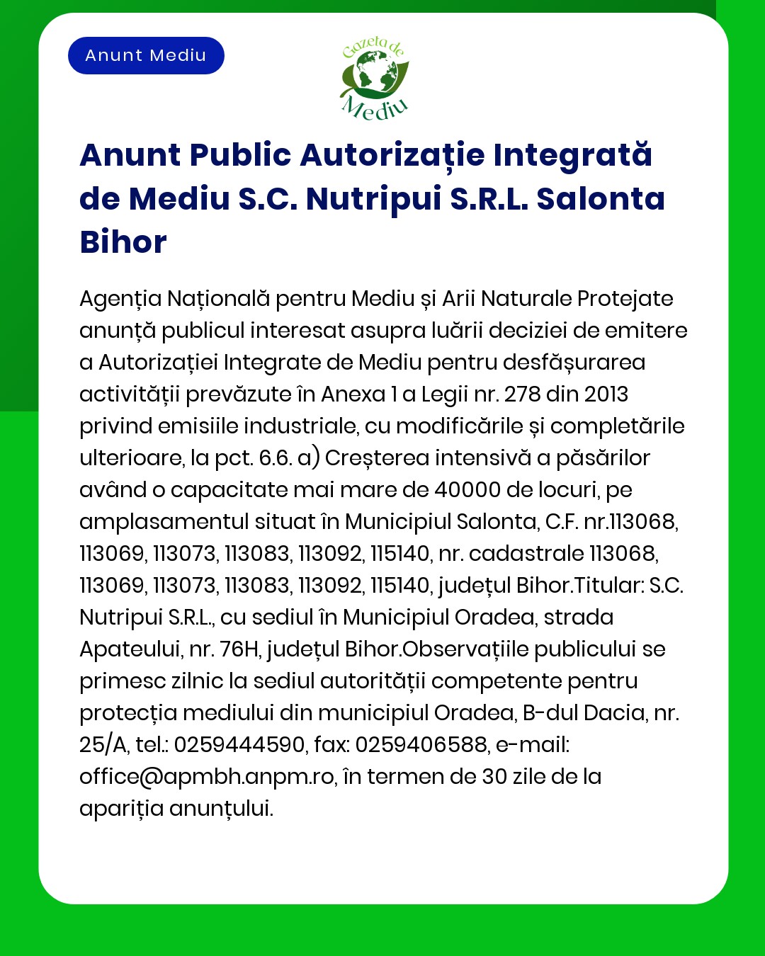 Un anunț public în limba română de la S.C. Nutripui S.R.L. Salonta, Bihor, privind o autorizație integrată de mediu, include logo-uri oficiale, un titlu albastru și text detaliat pe un fundal alb cu accente verzi.