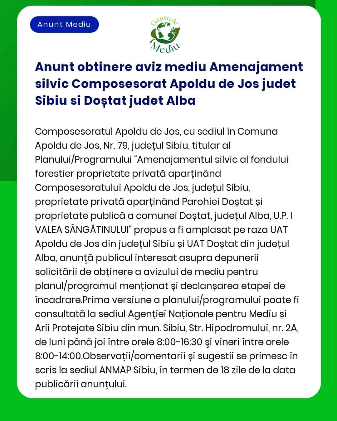 Anunt obtinere aviz mediu Amenajament silvic Composesorat Apoldu de Jo