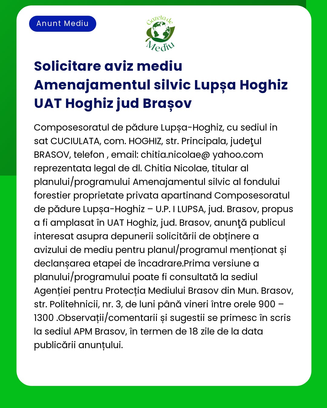 Aviz de mediu pentru amenajamentul silvic al unei proprietăți din județul Brașov România cu informații de contact pentru întrebări suplimentare