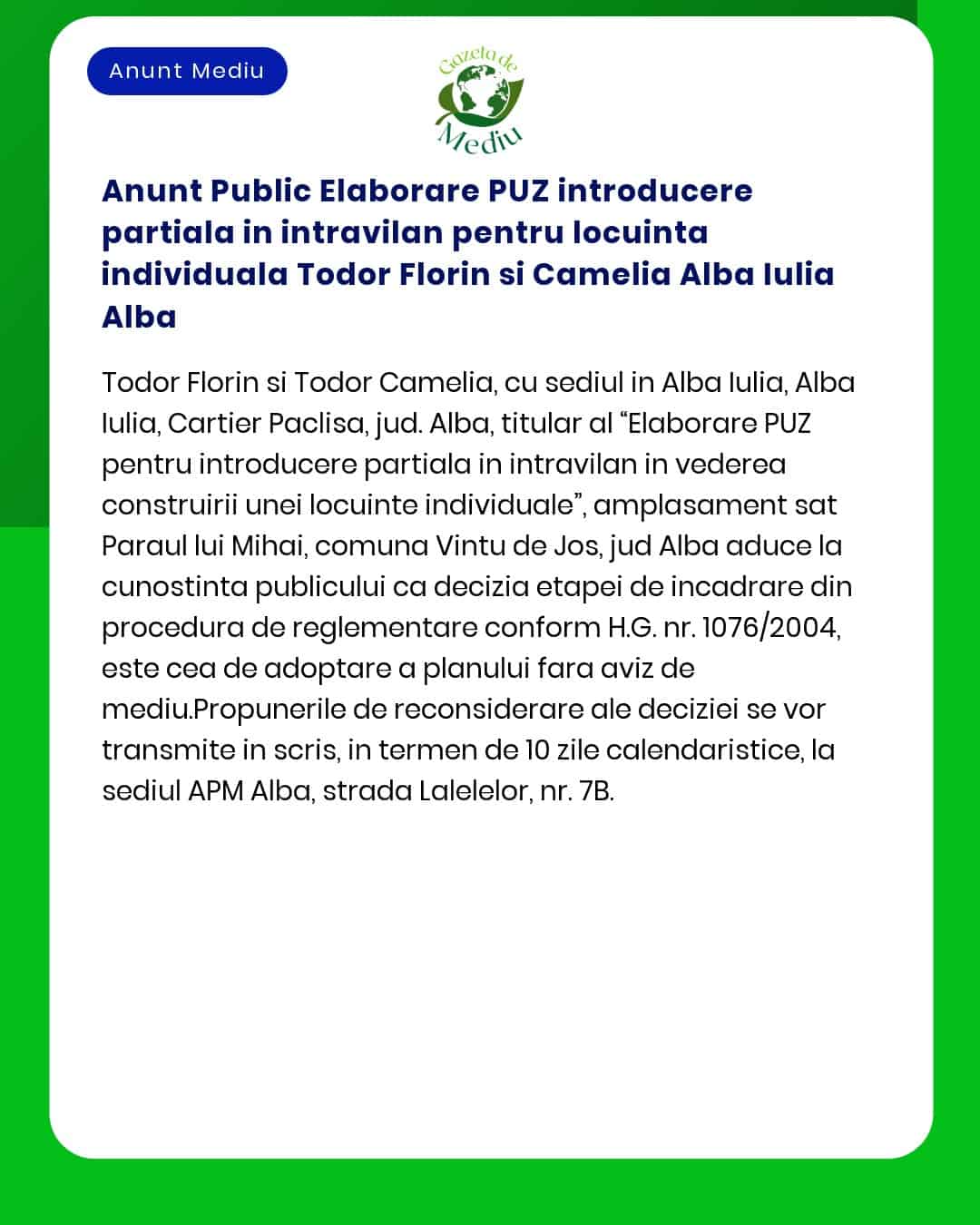 Anunt Public Elaborare PUZ introducere partiala in intravilan pentru l