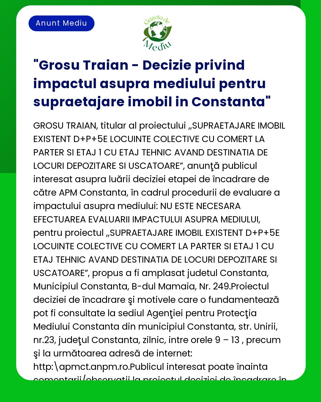 Grosu Traian - Decizie privind impactul asupra mediului pentru supraet