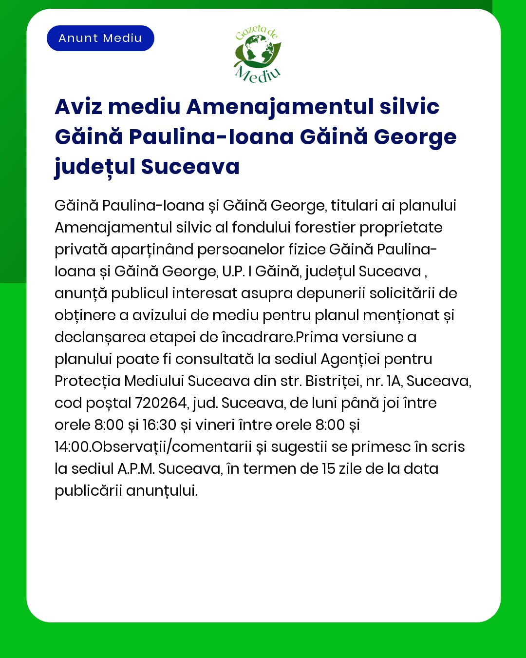 Aviz privind notificarea de mediu pentru un plan de management forestier în județul Suceava