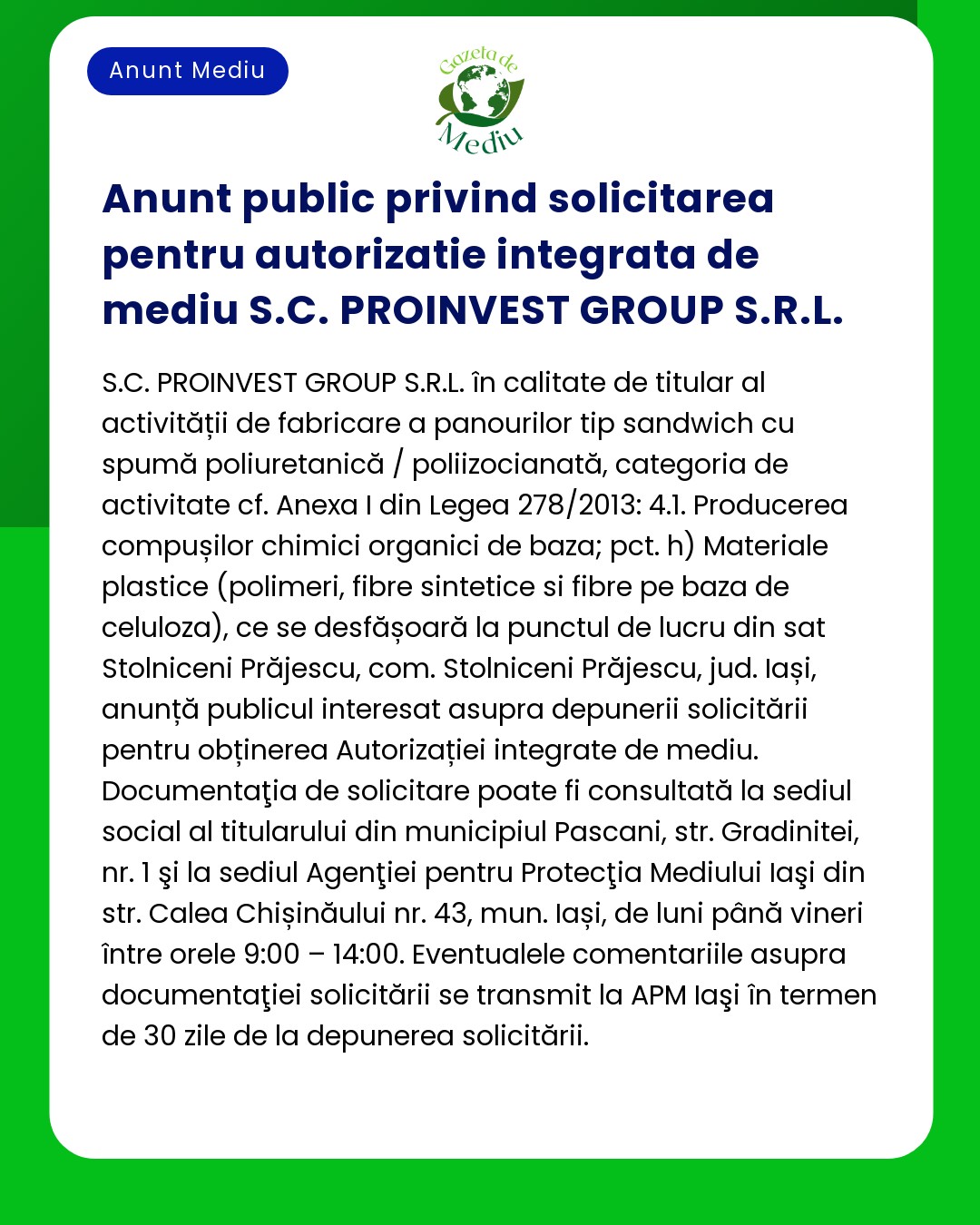 Anunt public privind solicitarea pentru autorizatie integrata de mediu