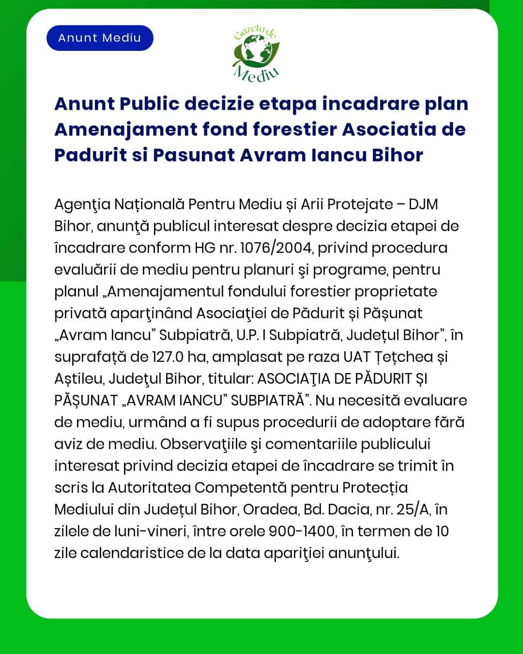 Anunt Public decizie etapa incadrare plan Amenajament fond forestier A