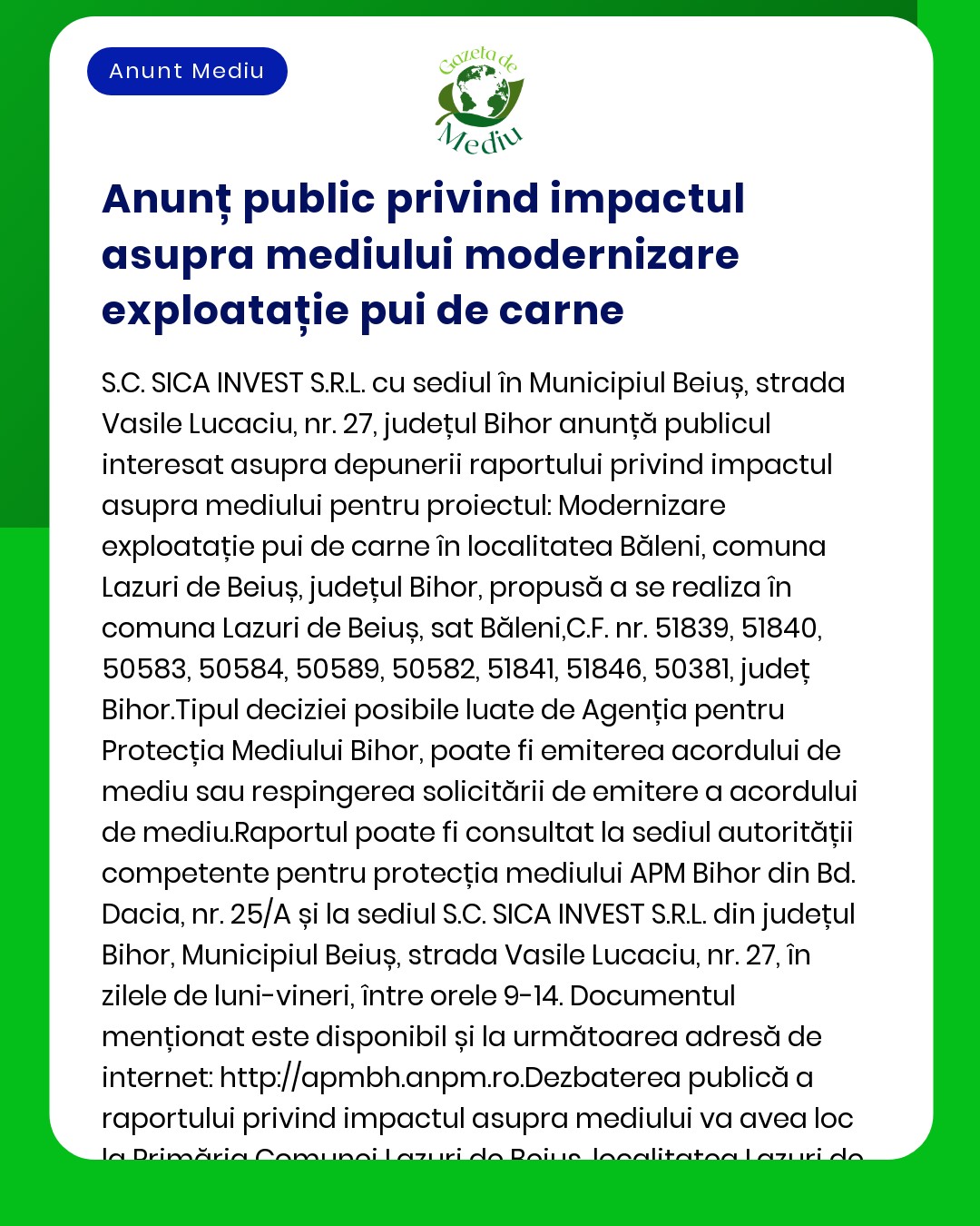 A public privind impactul asupra mediului al creșterii puilor de carne în anumite zone din Bihor România