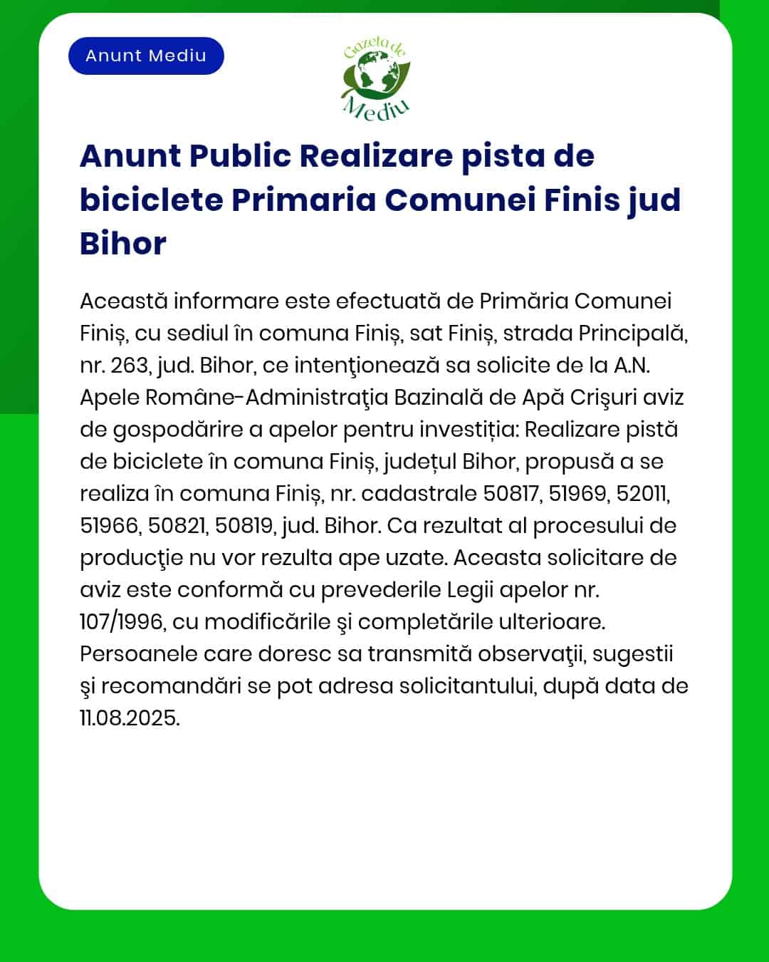 Plan de realizare pistă pentru biciclete detalii despre proiect și referințe legale conform cu prevederile APM data 11082023