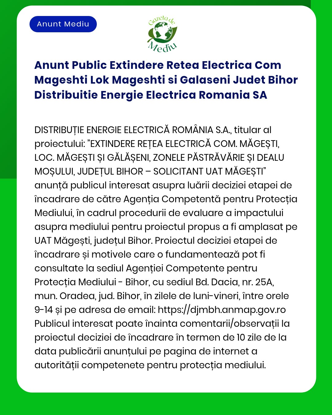 Anunt Public Extindere Retea Electrica Com Mageshti Lok Mageshti si Ga