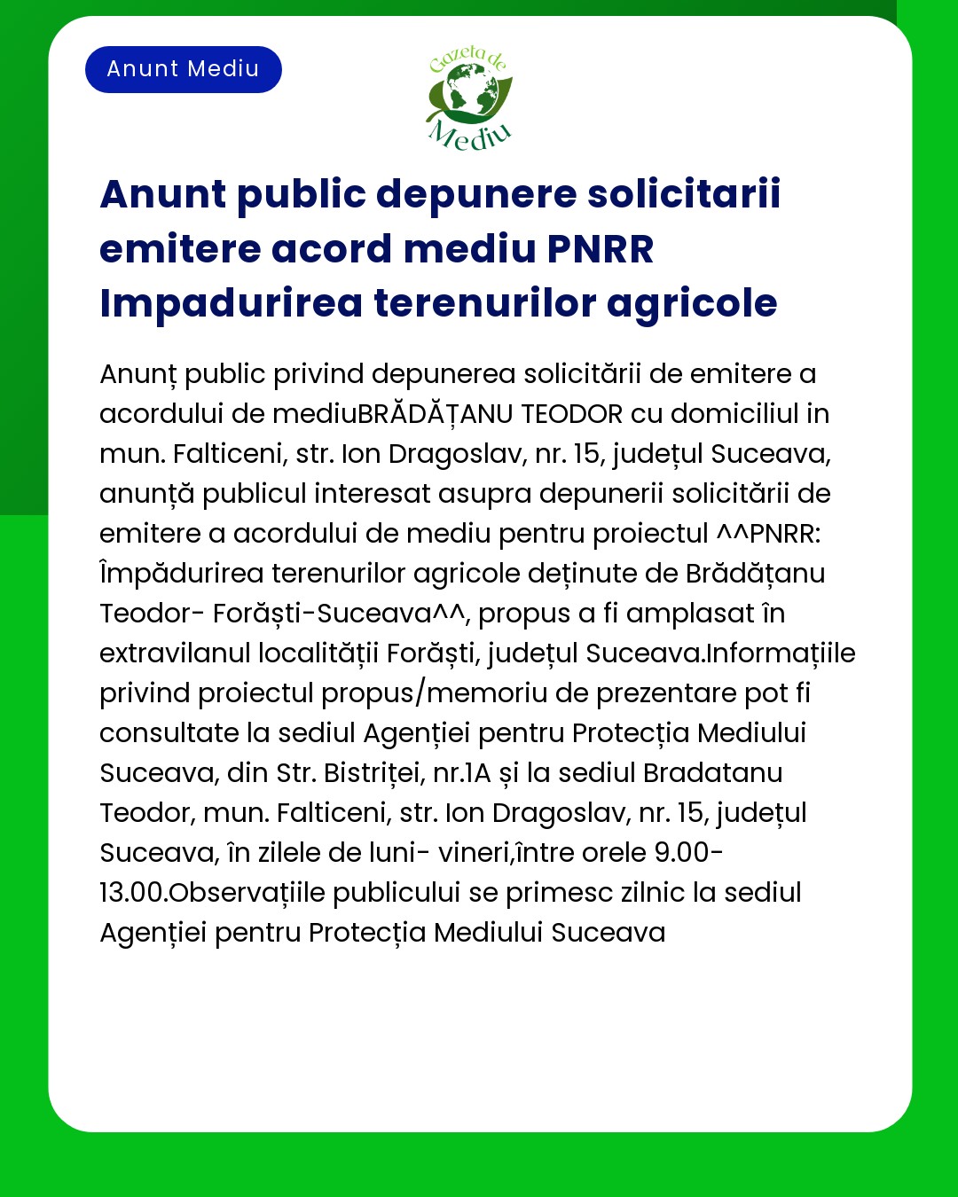 Anunț pentru apel public privind granturi de mediu pentru proiecte de împădurire în județul Suceava România cu detalii de contact și criterii de eligibilitate