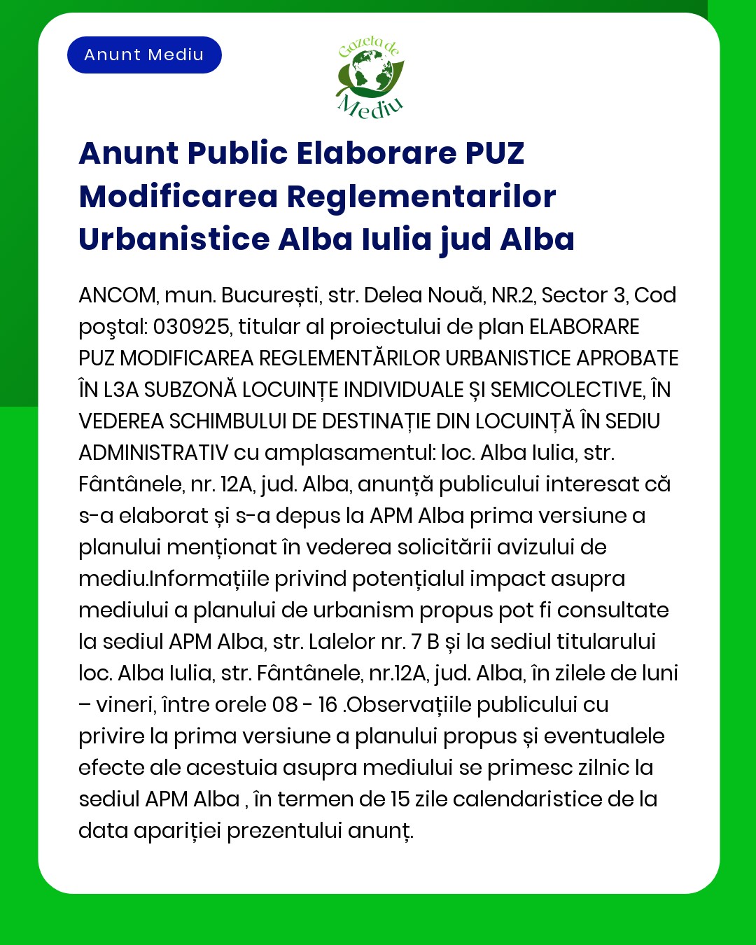 Modificare PUZ Alba Iulia București