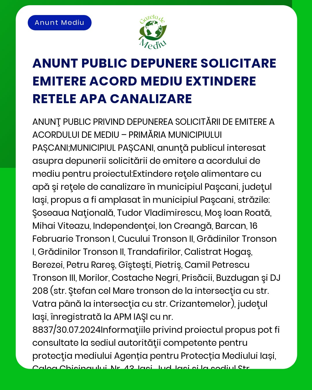 APM anunță depunerea solicitării de emitere a acordului de mediu pentru proiectul “Extindere rețele apă și canalizare menajeră în Municipiul Pașcani județul Iași