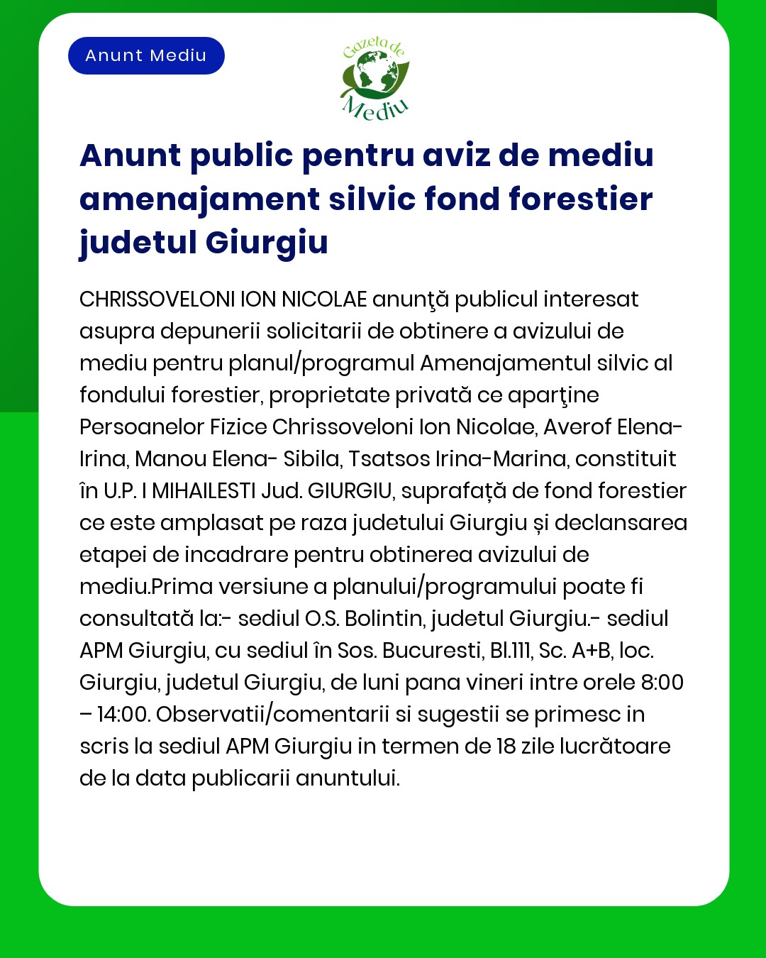 Anunț cu chenar verde despre o notificare publică autorizații de mediu pentru păduri în județul Giurgiu detalii și părțile interesate și procedurile legale