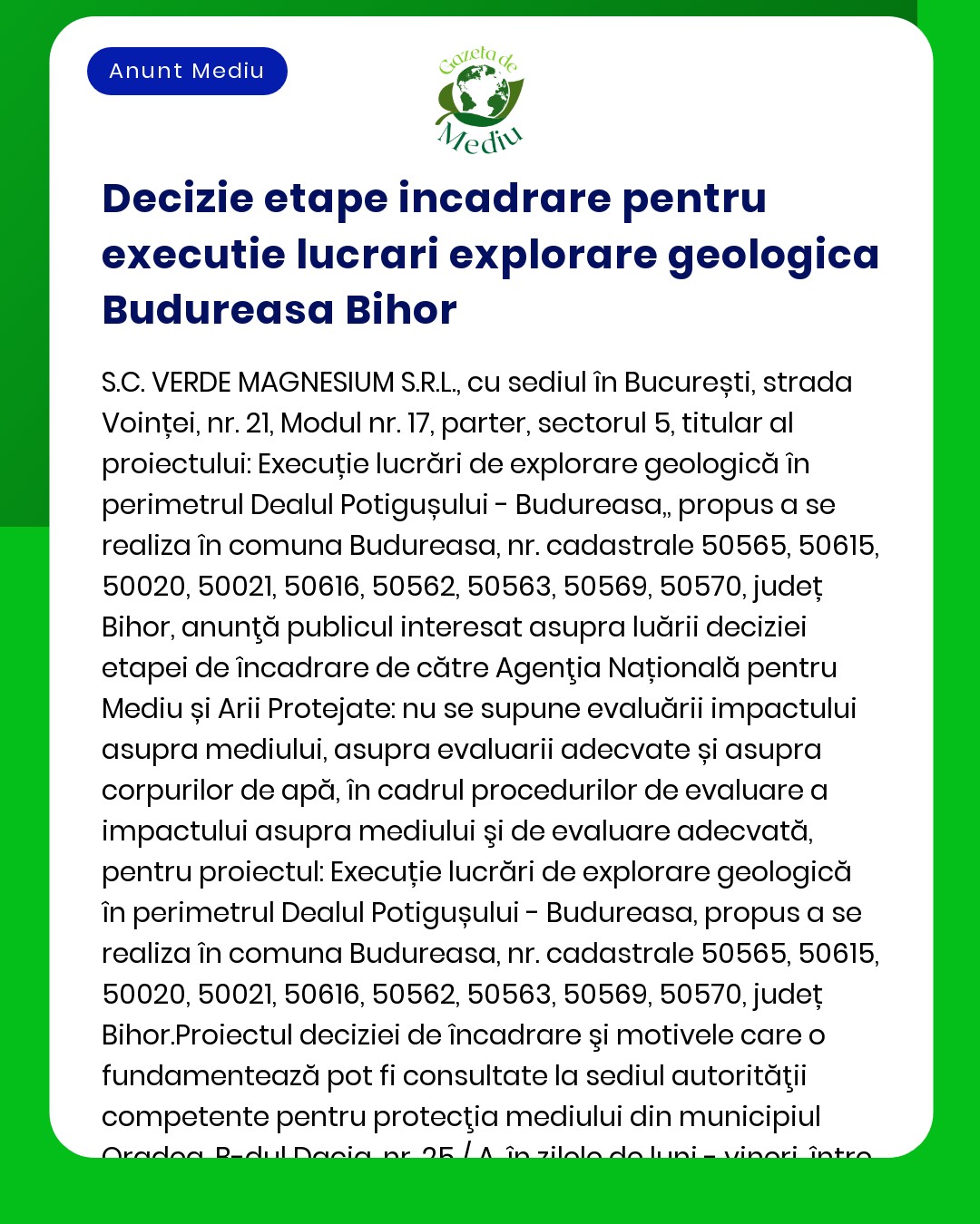 Informare privind decizia etapei de încadrare pentru lucrări de explorare geologică în Budureasa Bihor cu detalii despre proiect și numere cadastrale