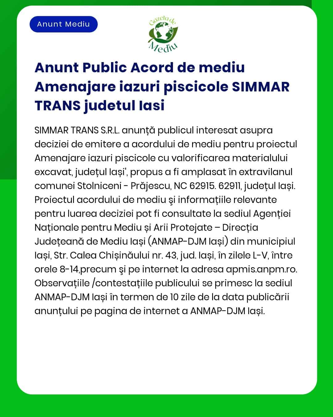 Nu se menționează titlul de proiect sau titularul în textul anunțului