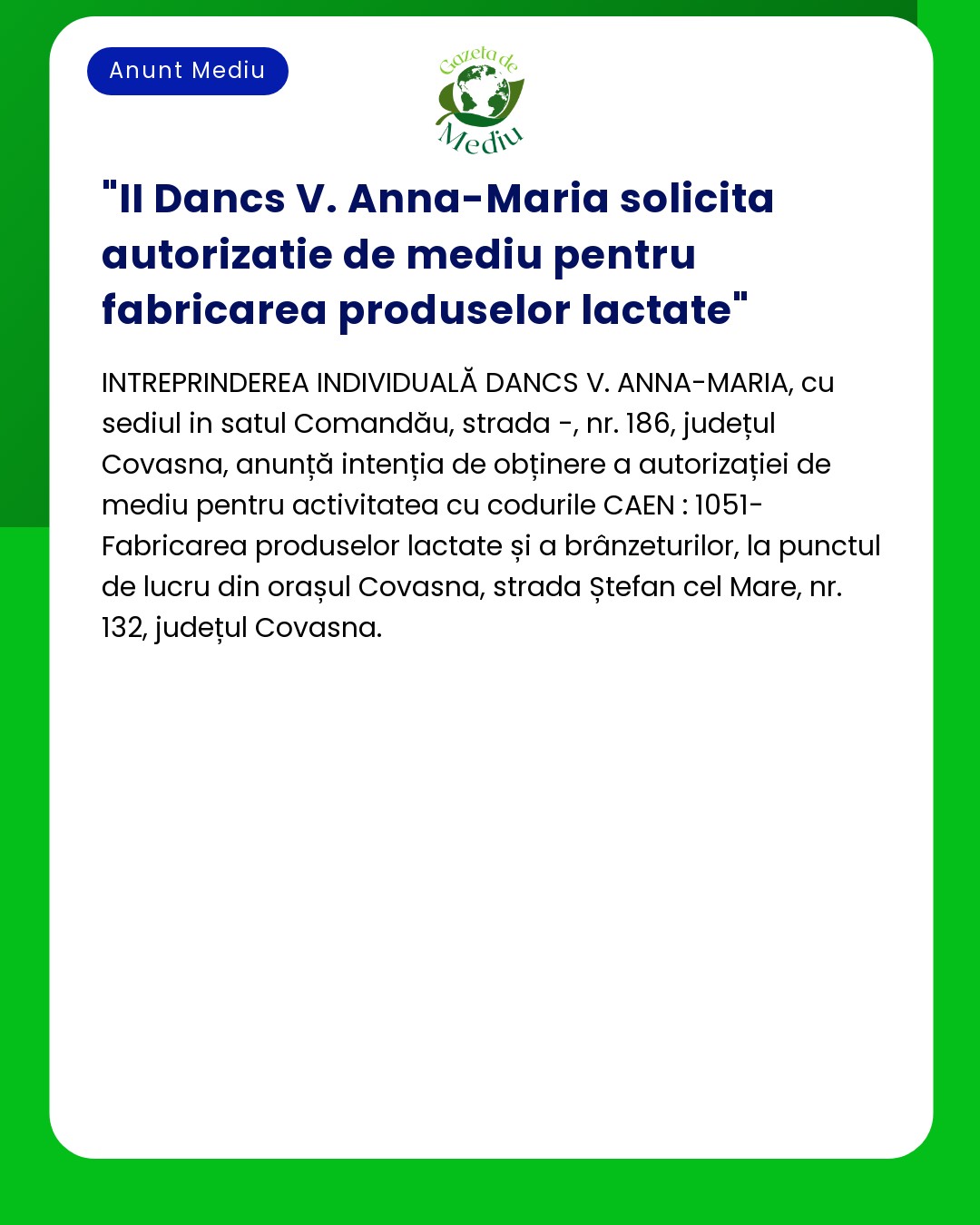 II Dancs V. Anna-Maria solicita autorizatie de mediu pentru fabricarea