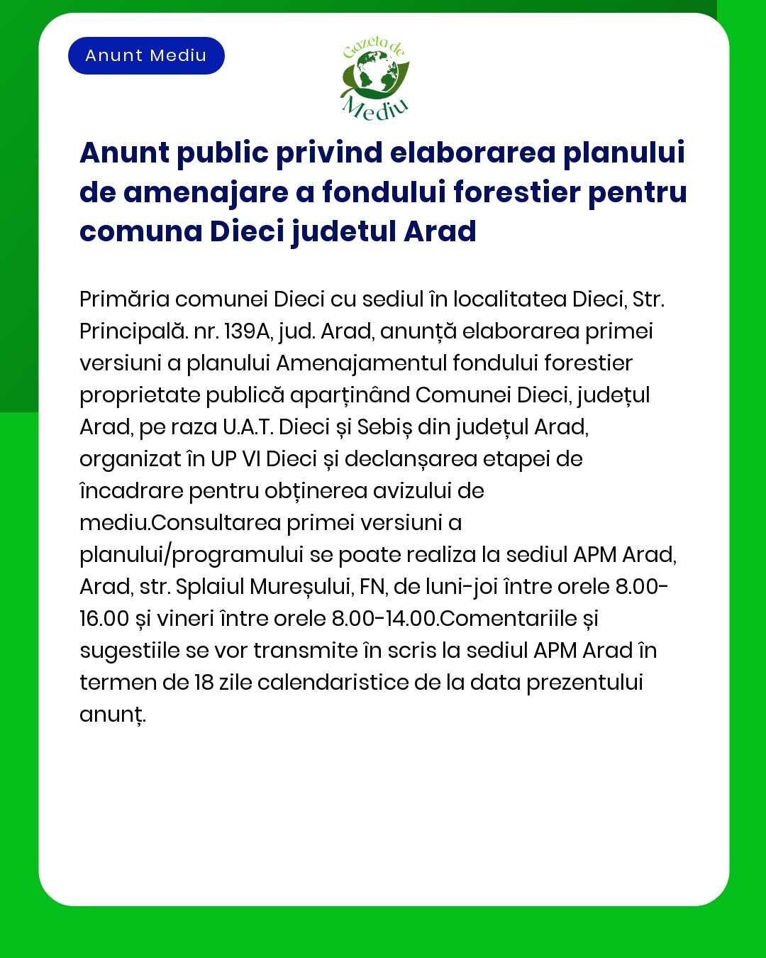 Anunt public privind elaborarea planului de amenajare a fondului fores