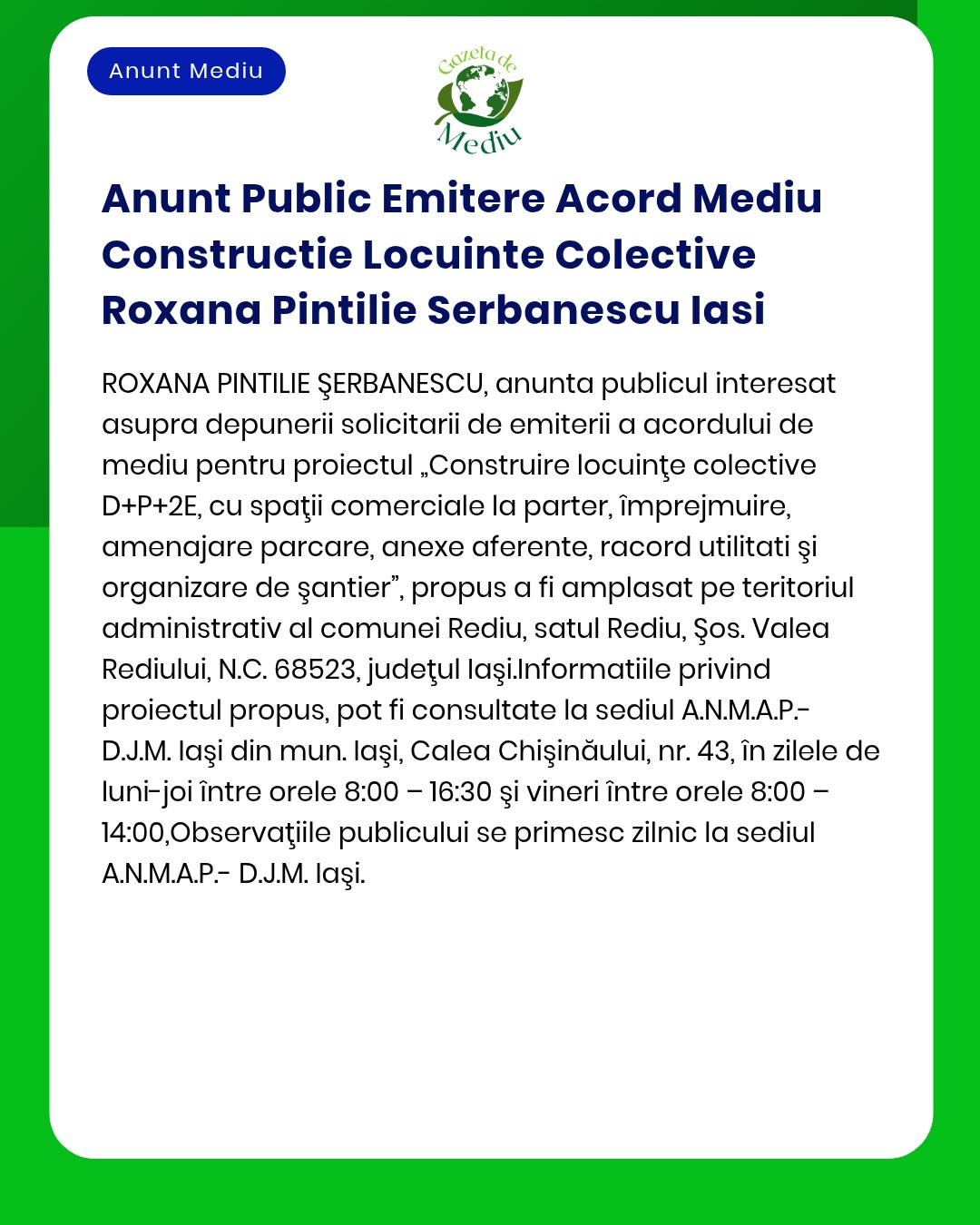 Anunt Public Emitere Acord Mediu Constructie Locuinte Colective Roxana