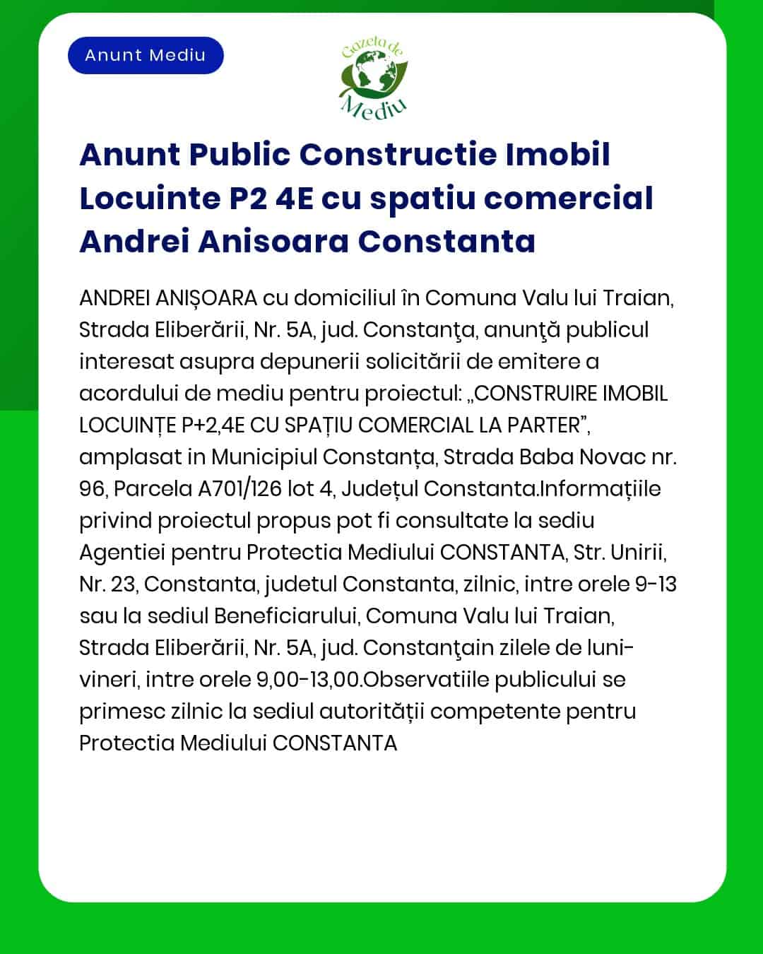 Anunt Public Constructie Imobil Locuinte P2 4E cu spatiu comercial And