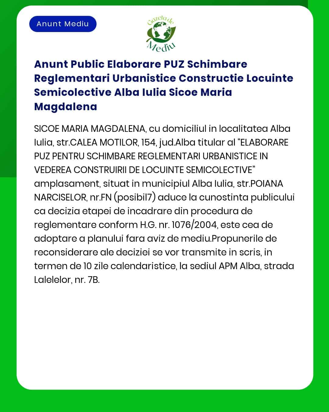 Anunt Public Elaborare PUZ Schimbare Reglementari Urbanistice Construc