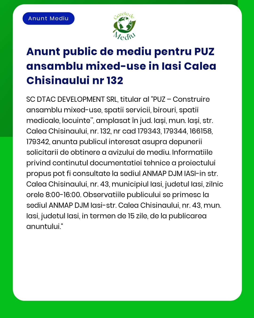 Anunt public de mediu pentru PUZ ansamblu mixed-use in Iasi Calea Chis