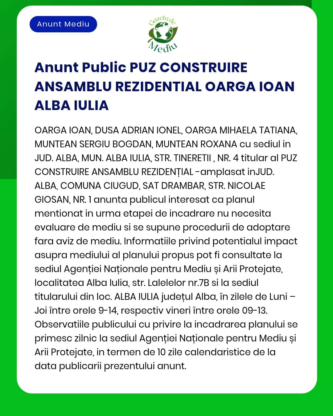 Construirea complexului rezidențial Oarga Ioan Titular Oarga Ioan