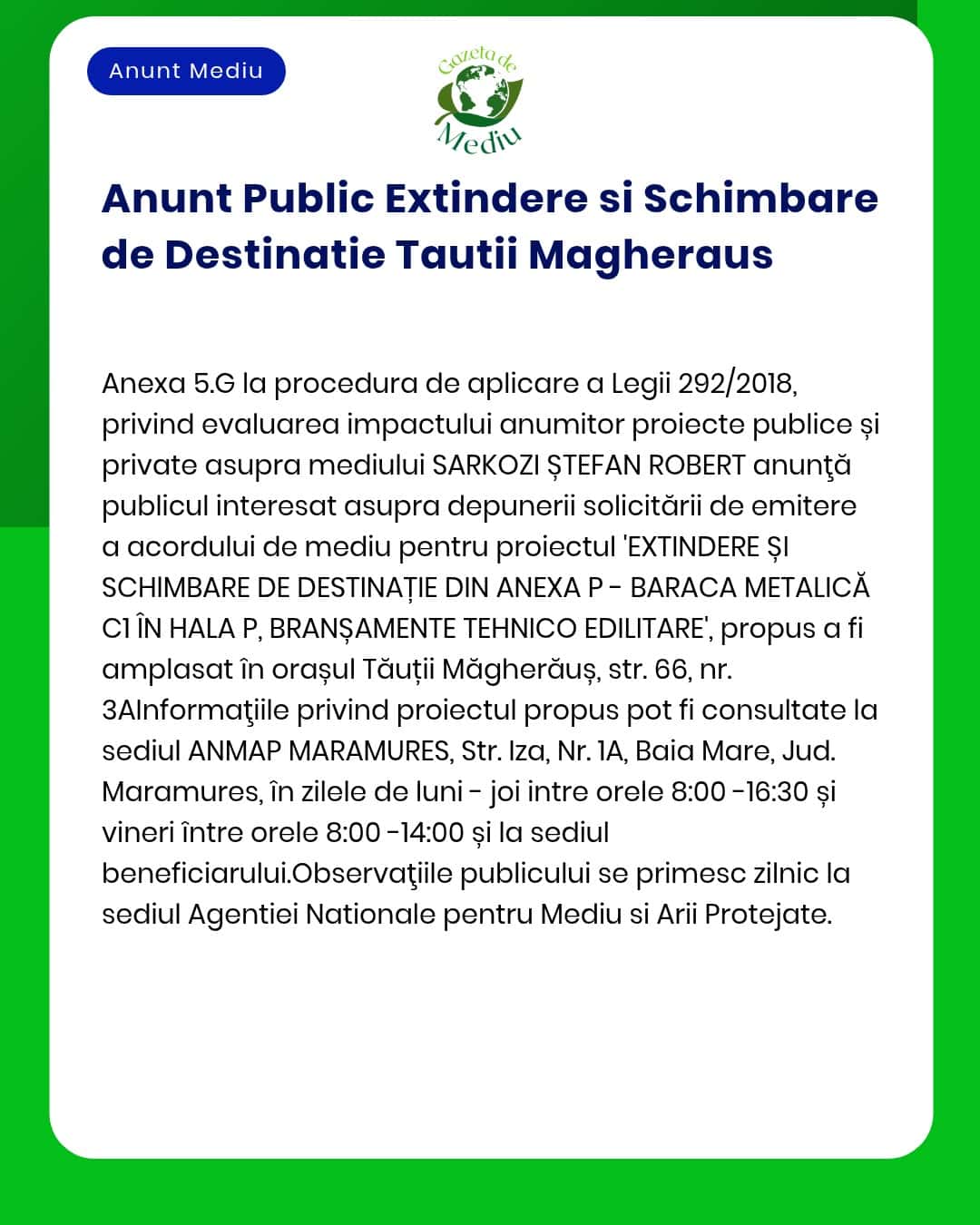 Extinderea și schimbarea destinației pentru Magherausa Waste Facility proiect supus evaluării impactului asupra mediului