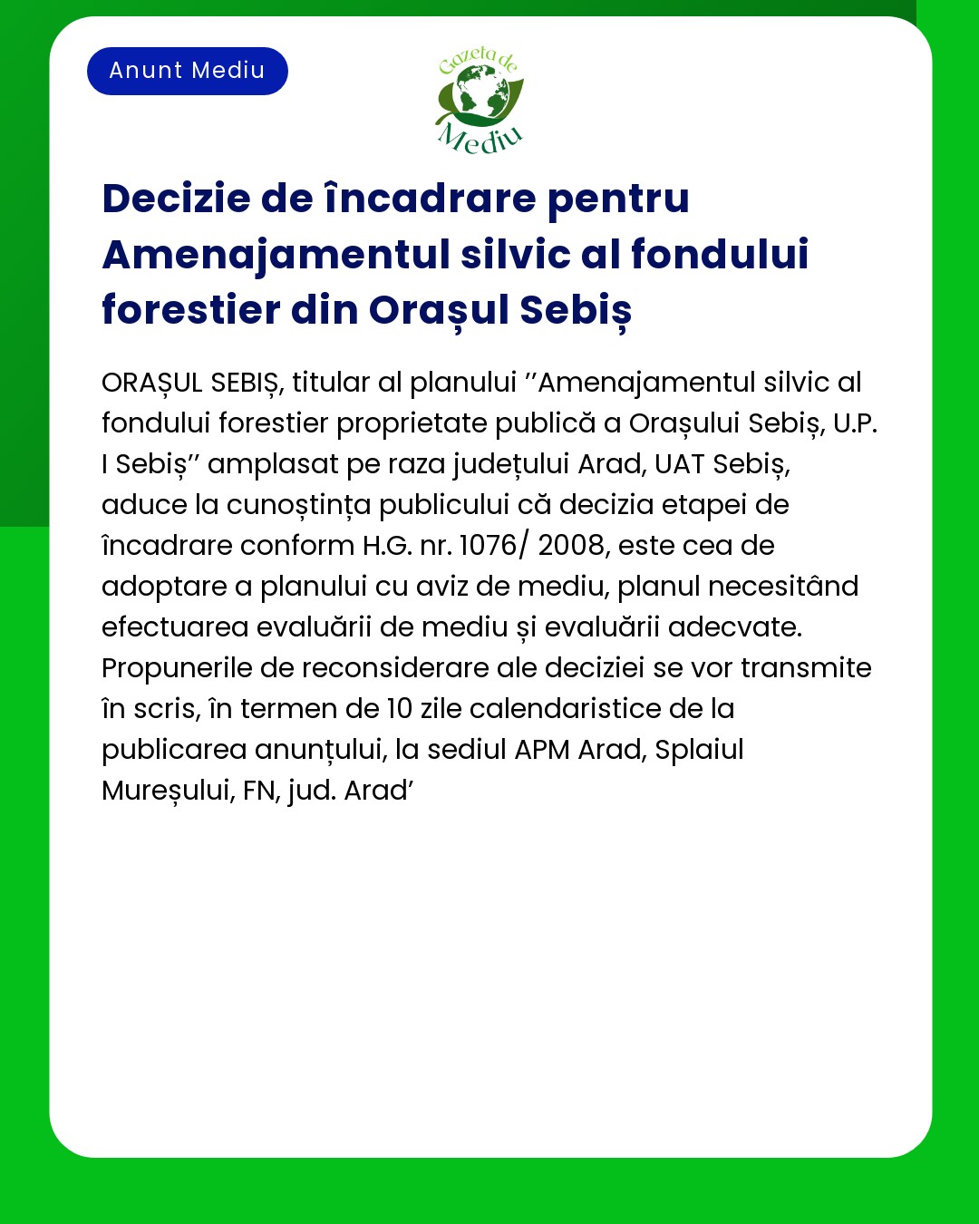 Decizie de încadrare pentru Amenajamentul silvic al fondului forestier