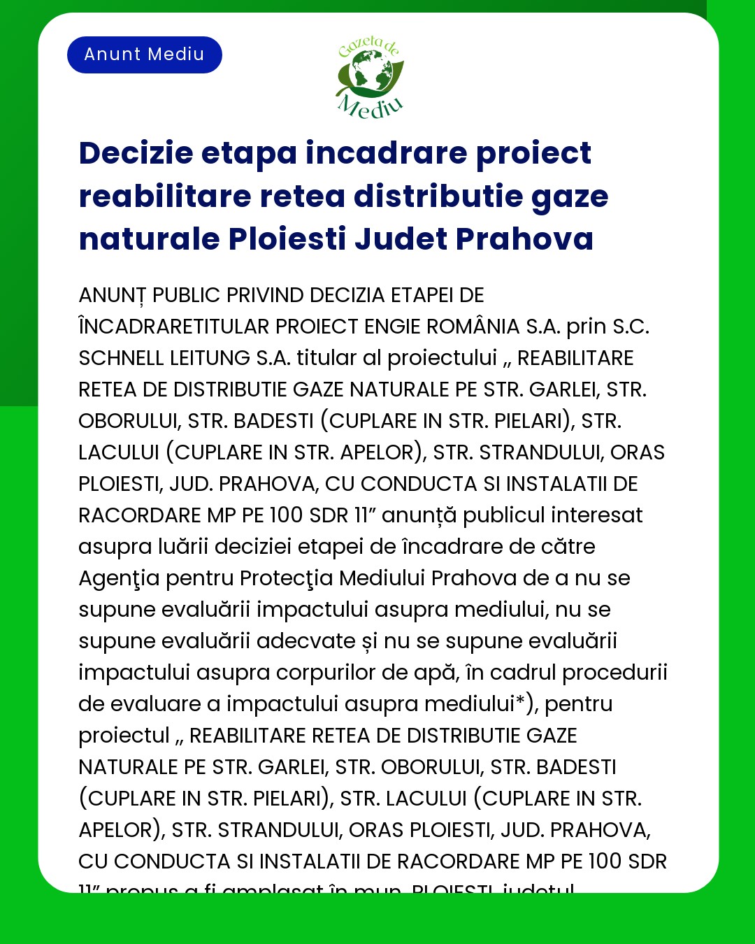 Decizie etapa incadrare proiect reabilitare retea distributie gaze nat