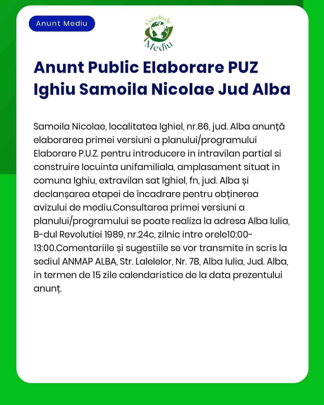 Anunt Public Elaborare PUZ Ighiu Samoila Nicolae Jud Alba