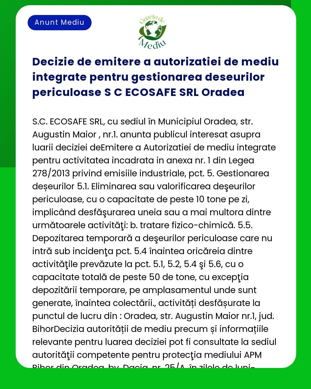 Decizie de emitere a autorizatiei de mediu integrate pentru gestionare