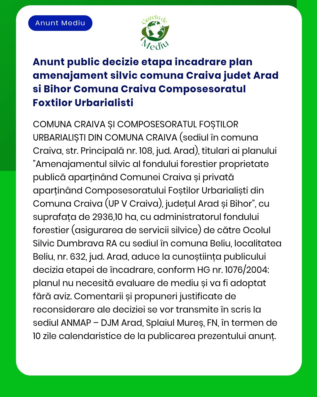 Anunt public decizie etapa incadrare plan amenajament silvic comuna Cr