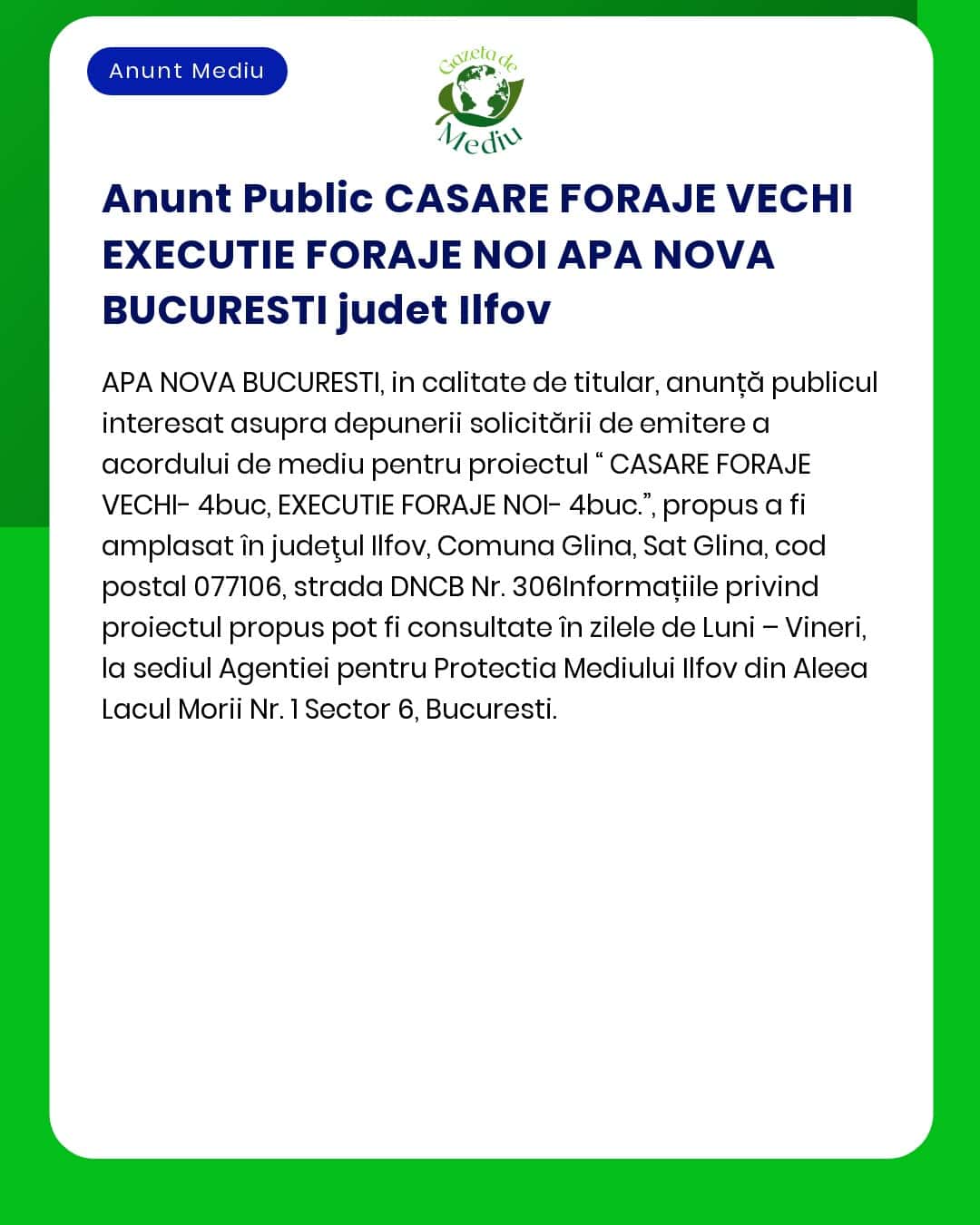 Anunt Public CASARE FORAJE VECHI EXECUTIE FORAJE NOI APA NOVA BUCUREST