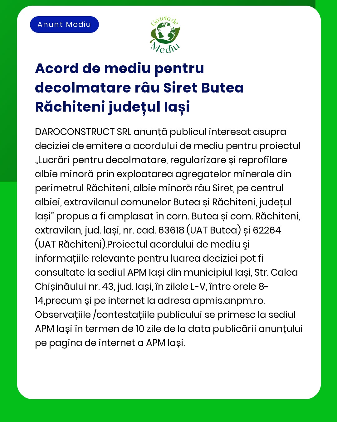 Acord de mediu pentru decolmatare râu Siret Butea Răchiteni județul Ia