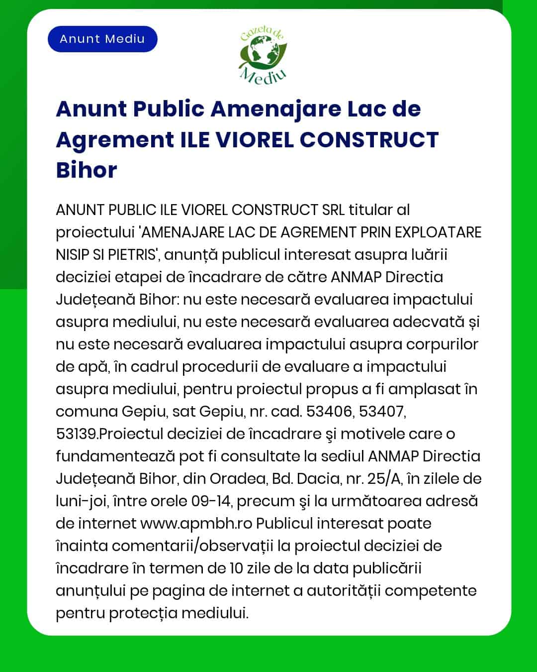 APM anunță decizia etapei de încadrare pentru proiectul 'Amenajare lac agrement' titular ILE VIOREL CONSTRUCT SRL