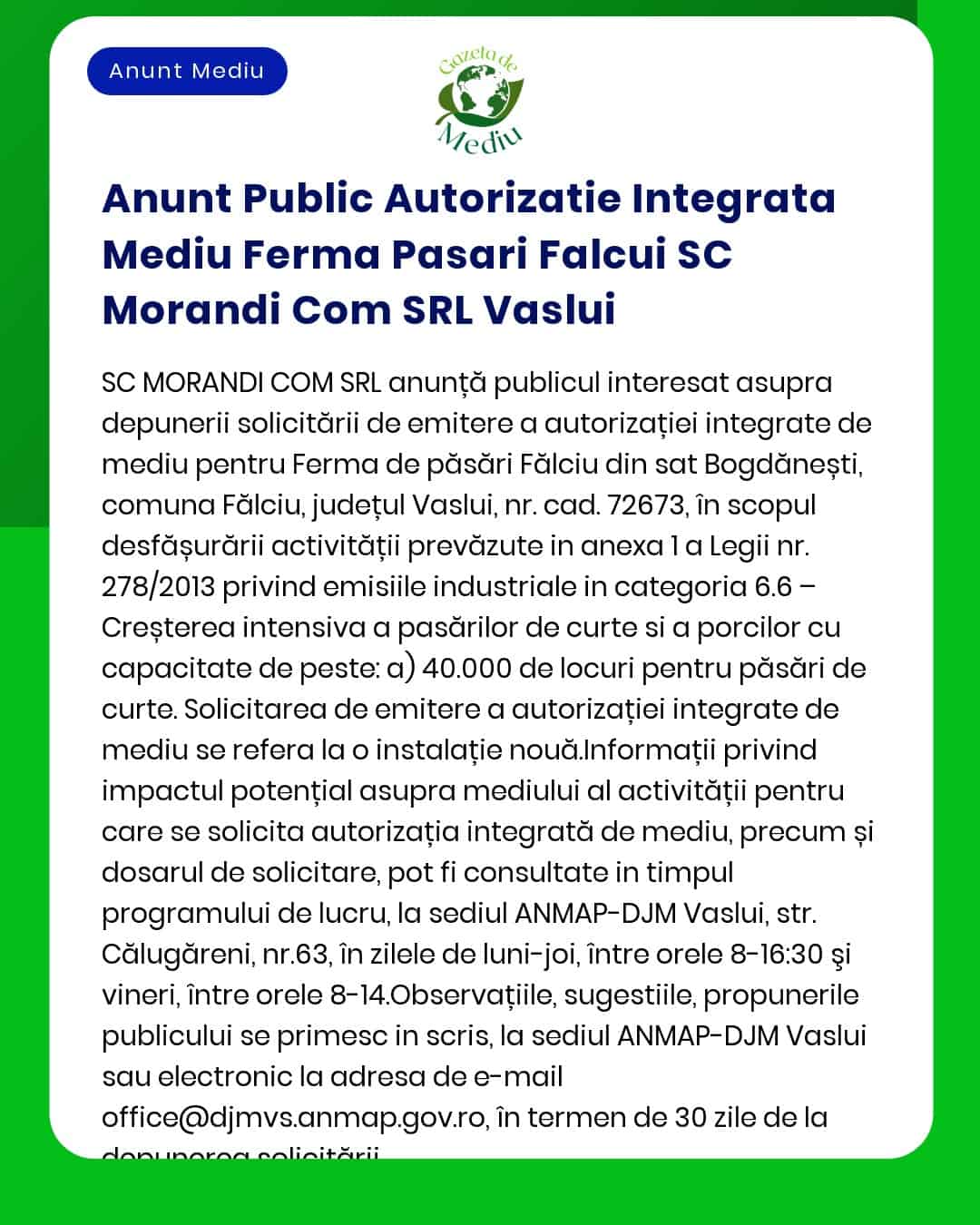 Anunt Public Autorizatie Integrata Mediu Ferma Pasari Falcui SC Morand