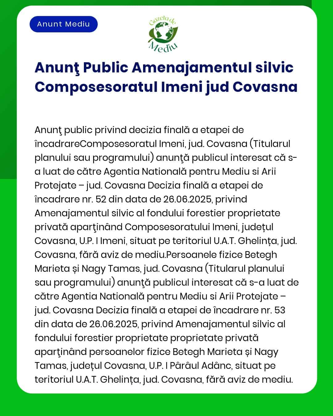Un anunț public în limba română prezentat pe un afiș cu bulină verde privind planul de management forestier pentru Pădurea Imeni din Covasna, care detaliază luarea deciziilor de către Agenția Națională pentru Protecția Mediului.