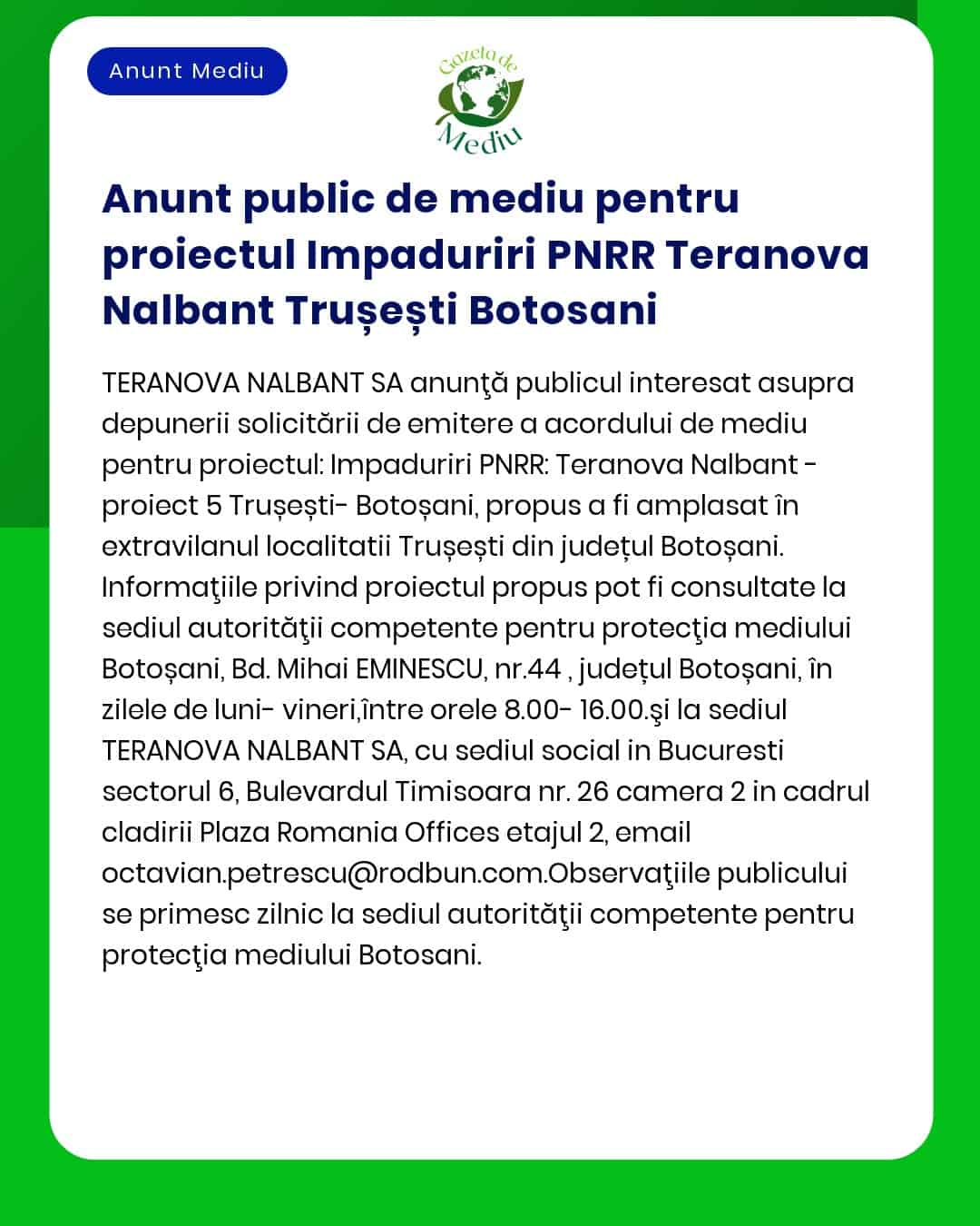 Anunt public de mediu pentru proiectul Impaduriri PNRR Teranova Nalban
