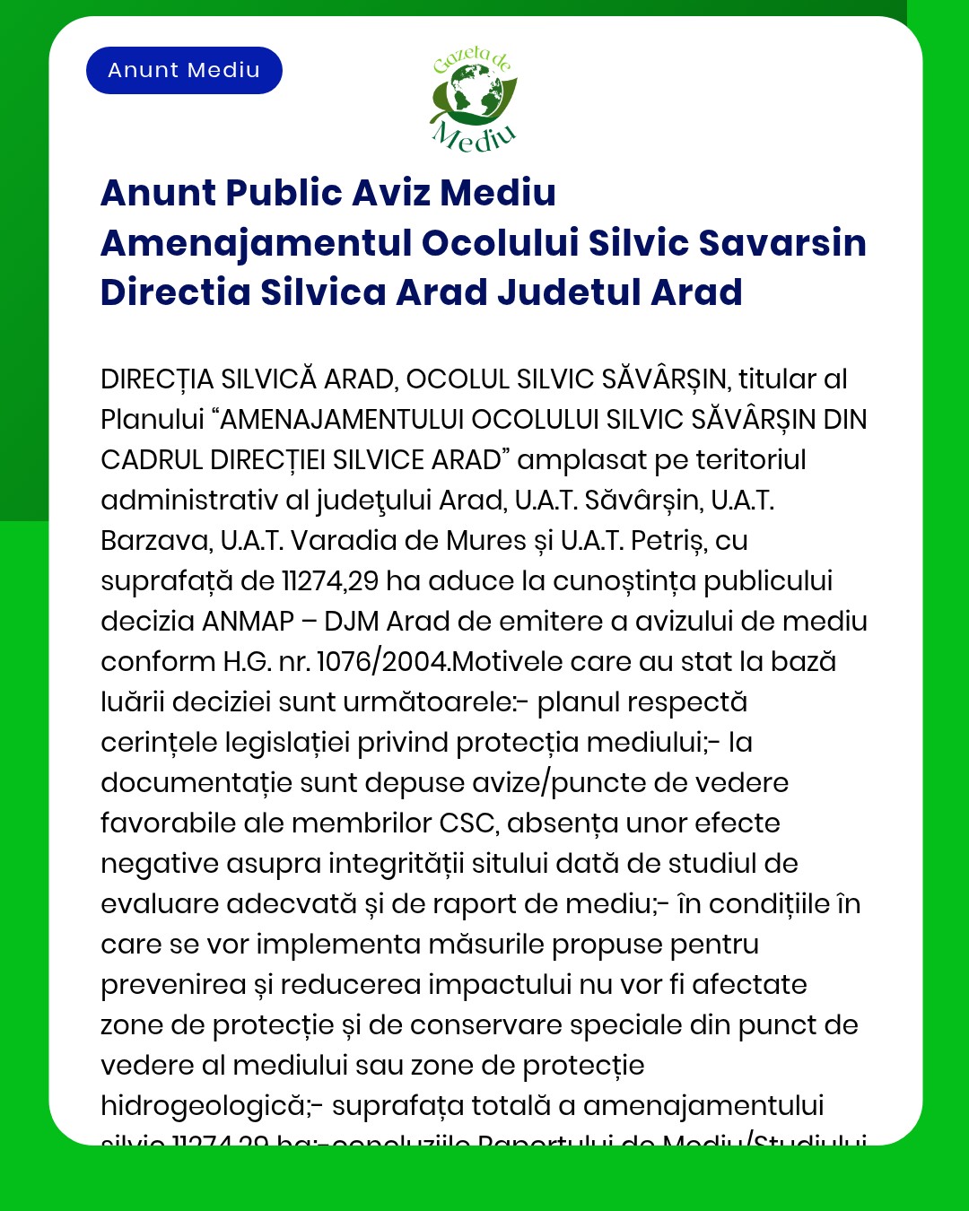 Anunt Public Aviz Mediu Amenajamentul Ocolului Silvic Savarsin Directi