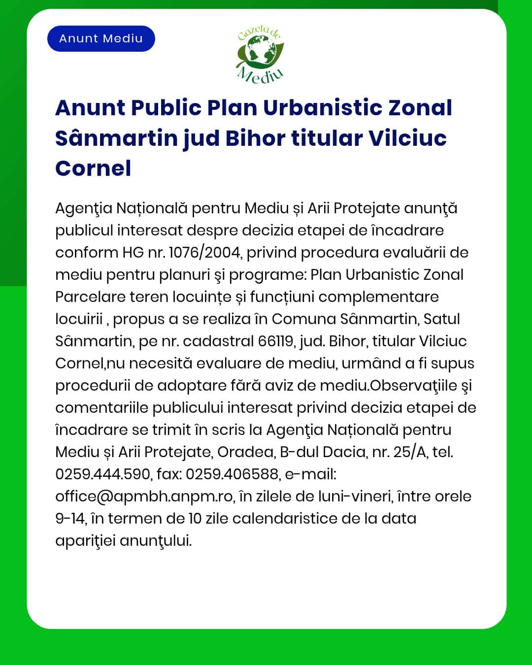 Anunț privind planul urbanistic pentru Sânmartin includerea procedurilor de evaluare