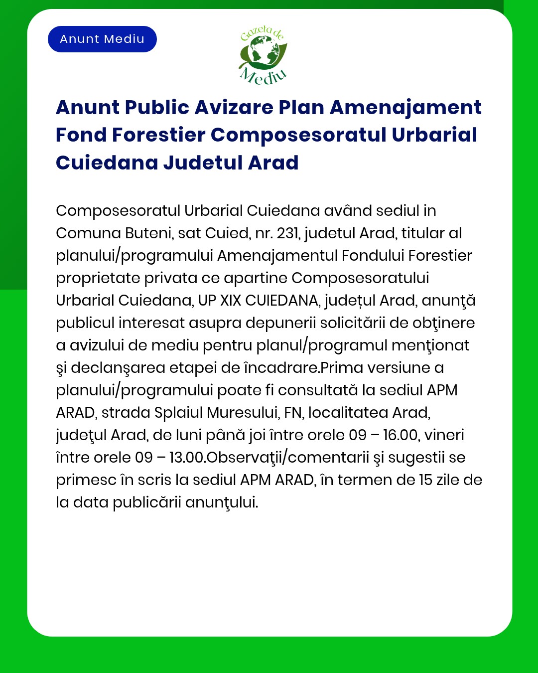Anunt Public Avizare Plan Amenajament Fond Forestier Composesoratul Ur