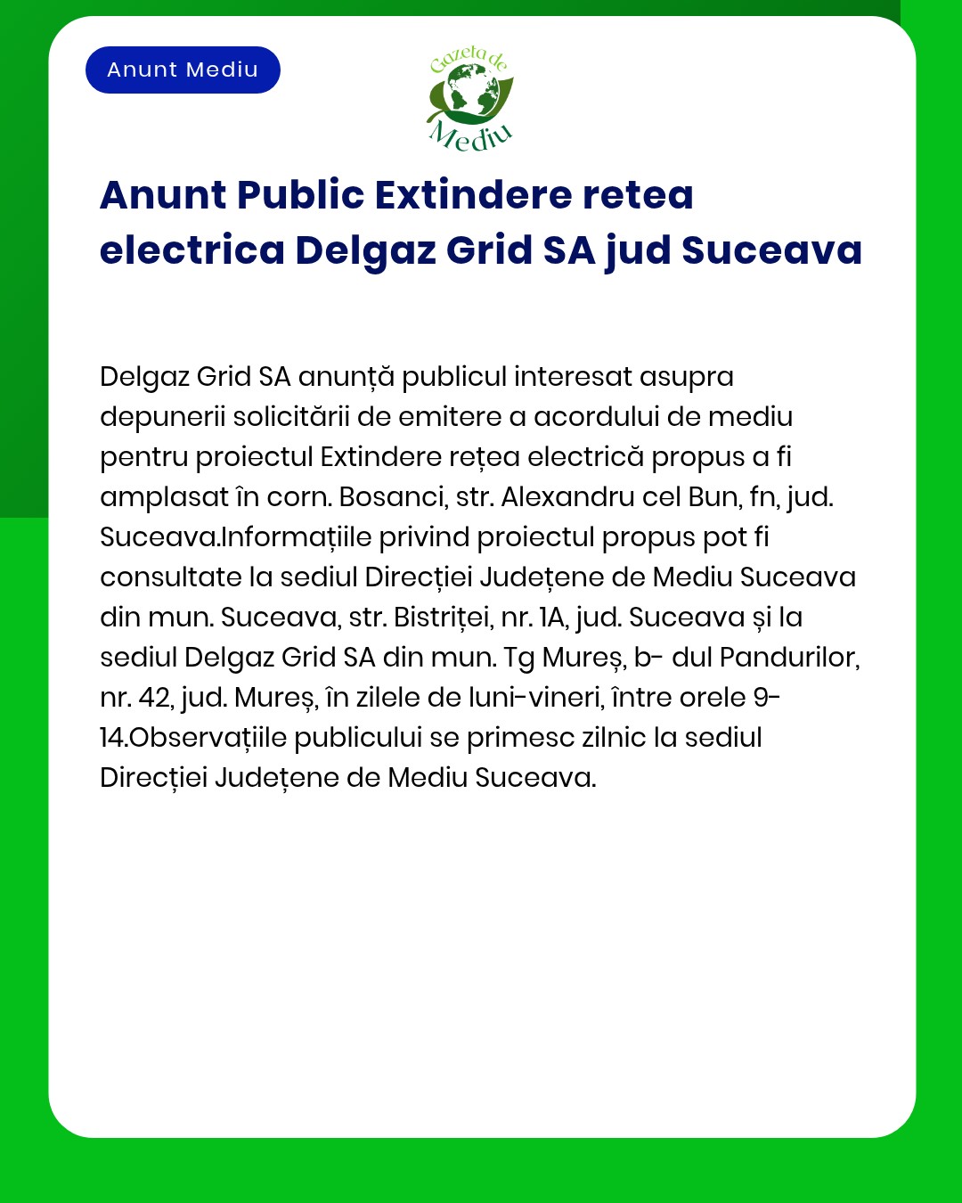 Extindere rețea electrică în județul Suceava titular Delgaz Grid SA