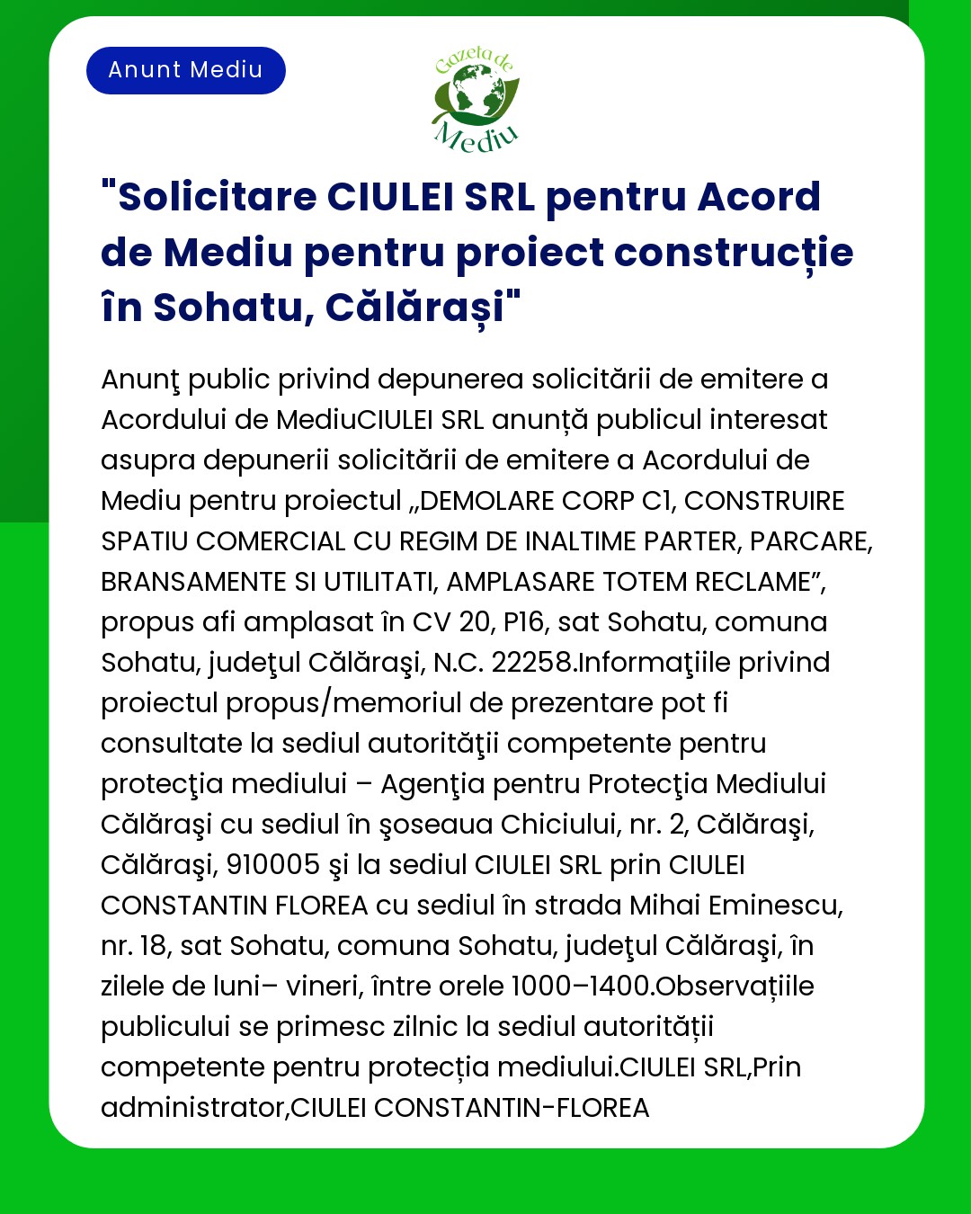 Solicitare CIULEI SRL pentru Acord de Mediu pentru proiect construcție