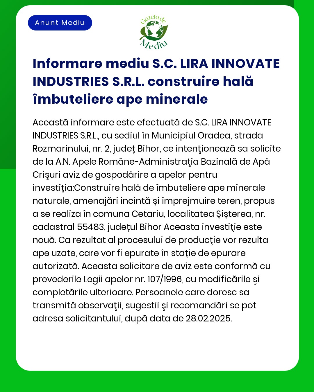 SCLIRA INNOVATE INDUSTRIES SRL intenționează să construiască o unitate de îmbuteliere a apei minerale în Oradea județul Bihor