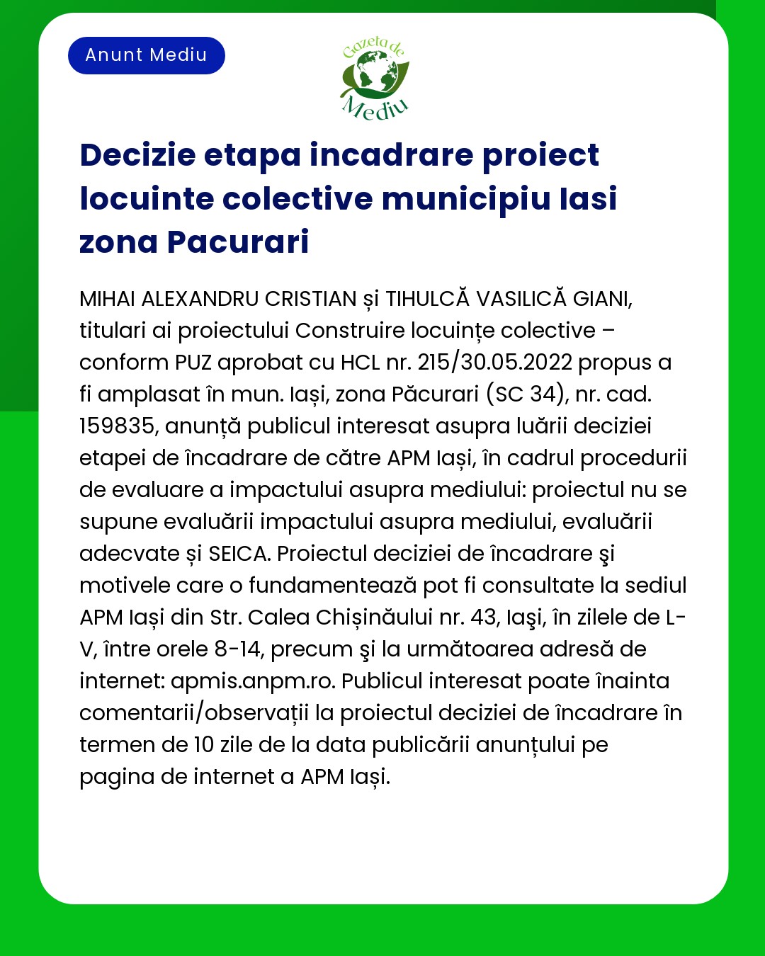 Document intitulat 'Decizie etapa incadrare proiect locuinte colective municipiu Iasi zona Pacurari' discutand evaluarea impactului asupra mediului pentru un proiect de constructie in Iasi