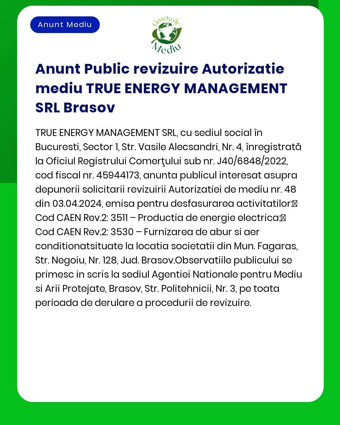 APM anunță revizuirea autorizației de mediu pentru desfășurarea activității de către Green Energy Management SRL