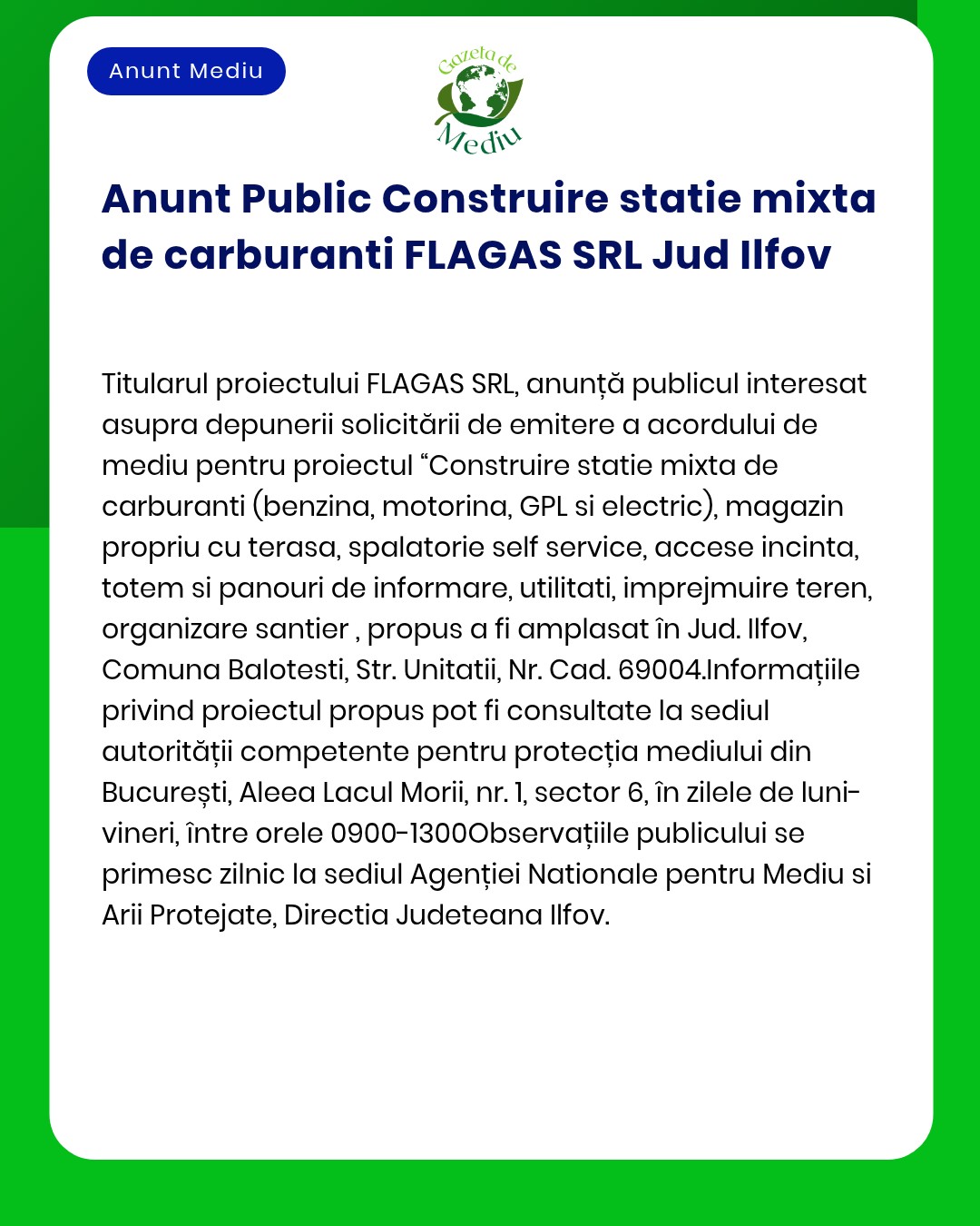 Se propune realizarea unei stații de distribuție carburanți tip mixt în Ilfov Documentația necesară a fost depusă la APM