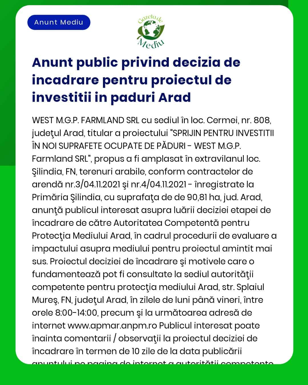 Anunt public privind decizia de incadrare pentru proiectul de investit