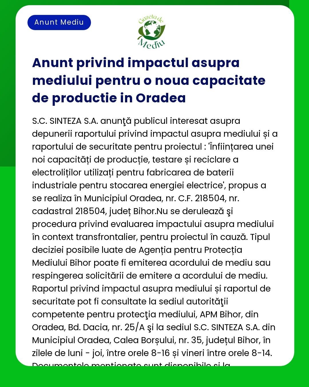 Anunț public privind raportul de impact și siguranță asupra mediului pentru o nouă capacitate de producție în Oradea care implică industria bateriilor și servicii de stocare