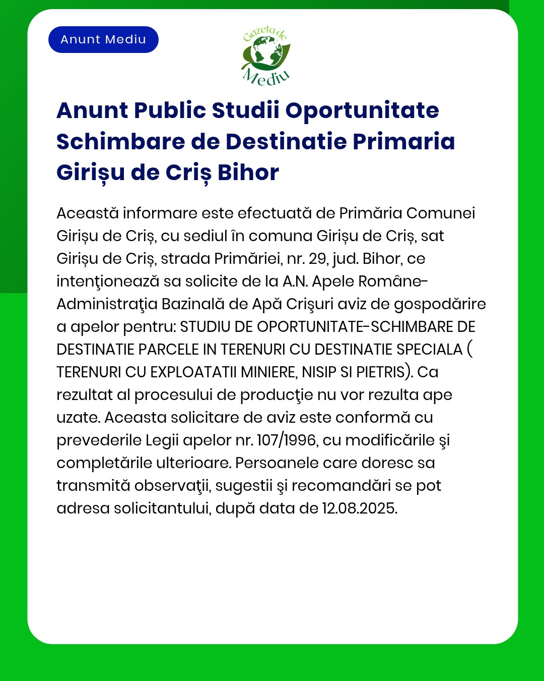 Primăria Girișu de Criș anunță elaborarea studiului privind modificarea categoriilor de folosință a terenurilor conform prevederilor legale în vigoare