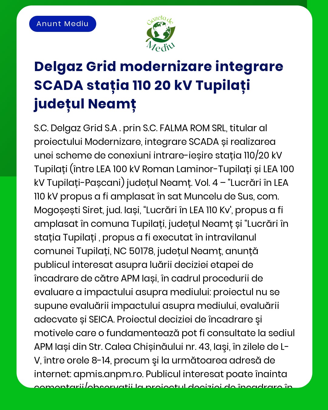 Proiectul de integrare SCADA în stațiile 110/20 kV din județul Neamț România inițiat de SC FALMA ROM SRL pentru Delgaz Grid