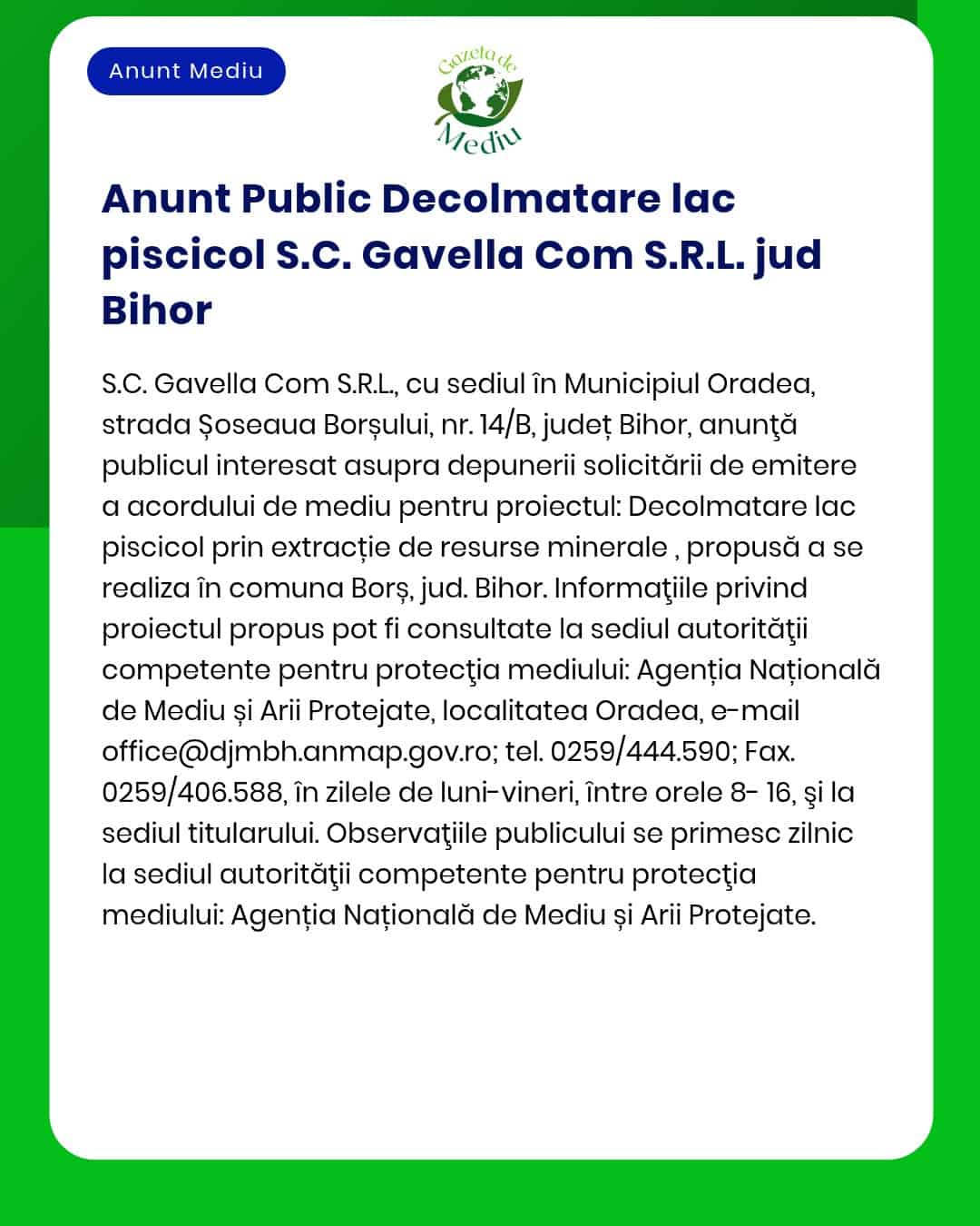 SC Gavella Com SRL solicită la APM Bihor acord de mediu pentru proiect 'Exploatare nisip și pietriș în extravilanul localității Borș perimetrul Borș'